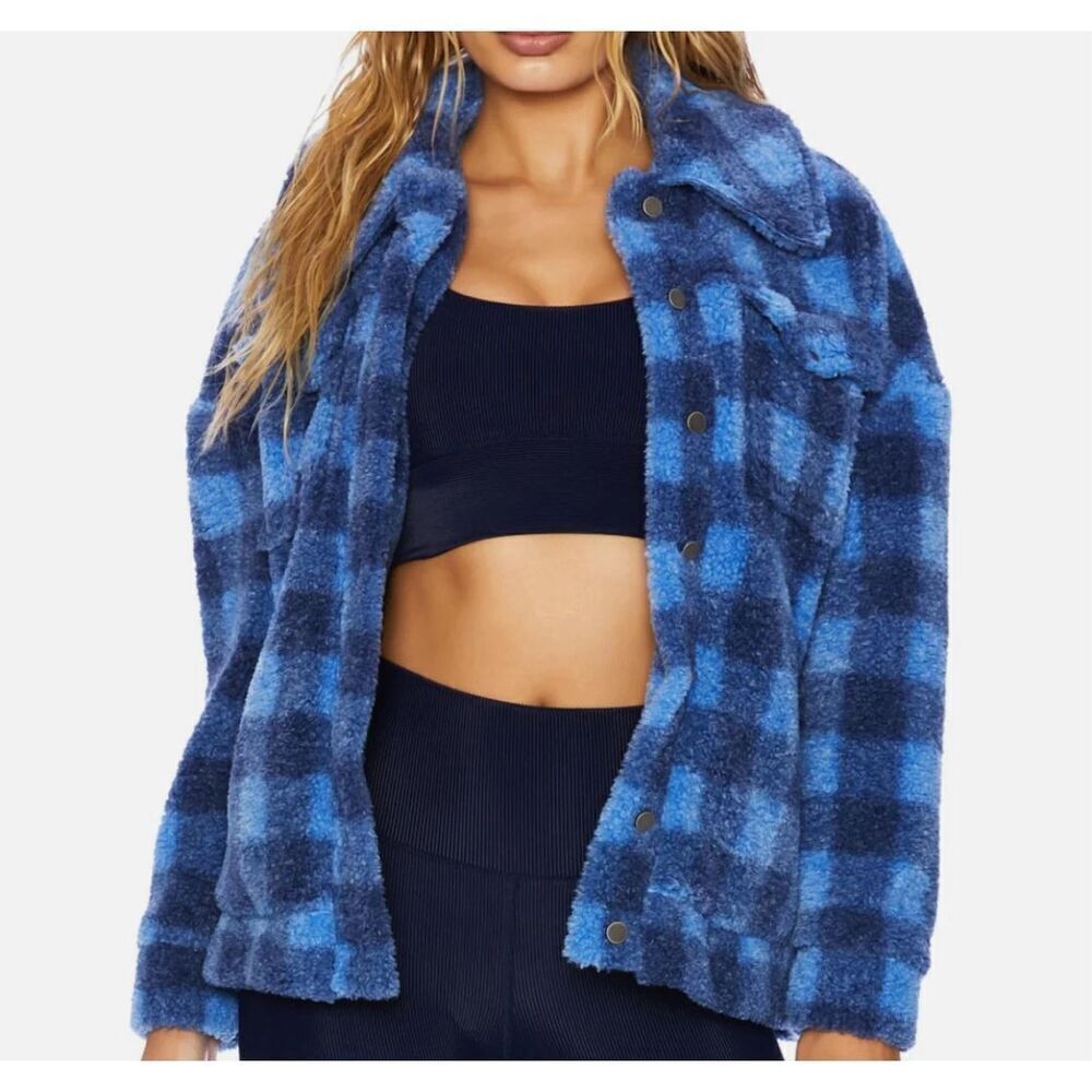 Beach‎ Riot Womens Buffalo Check Button front Fleece Sherpa Jacket Blue XS